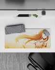 28x12 inches desk mouse pad in warm amber and soft gold tones, cozy sunny anime aesthetic.