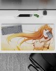 Cozy amber-and-gold anime mouse pad 32x16 inches, sunny wheatfield vibe with soft blush tones.