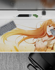 Cozy amber-and-gold anime desk pad 40x20 inches with sunny wheatfield tones and soft blush.