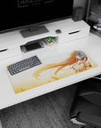 Holo the Wise Wolf on a 32x12 inches anime mouse pad, foxlike ears, tiny smile, warm wheatfield vibe.