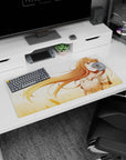 Holo the Wise Wolf from Spice and Wolf on a 32x16 inches mouse pad, shy smile and foxlike ears.