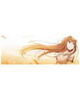 Anime girl desk mouse pad 32x12 inches with shy wolf-eared art inspired by Spice and Wolf.