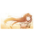 Anime girl desk mouse pad 32x16 inches, Spice and Wolf inspired art with shy wolf-eared beauty.