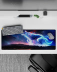 Neon blue and violet cosmic gradient mouse pad with ember-red sparks, 32x12 inches.