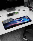 Glowing blue wolf in a midnight sky above a lone traveler on a ridge mouse pad, 32x12 inches.