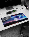 Glowing blue wolf in a starry night sky above a tiny traveler on the ridge mouse pad, 32x16 inches.