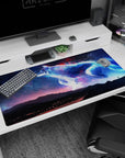 Glowing blue wolf in a starry sky with a tiny traveler on a ridge desk pad, 40x20 inches.