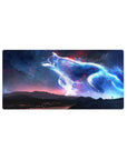 Starlit wolf drifting over a midnight mountain ridge desk mouse pad, 32x16 inches.