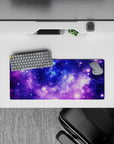 Dreamy night-sky mouse pad 28x12 inches in violet, indigo, and icy blue with calm star pops.
