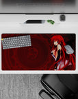 Mouse pad 32x16 inches featuring Rias Gremory from High School DxD in devil form, red hair and wings, amidst dark tones.