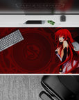 Rias Gremory from High School DxD in full devil form on a 40x20 inch anime mouse pad, red hair and wings vivid against dark tones.