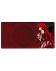 Rias Gremory in devil form from High School DxD on 32x16 inch anime mouse pad, with red hair and glowing blue eyes.