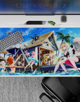 Fun-filled 40x20 desk pad showcases characters lounging, sipping drinks, and playing with dolphins for sunny energy
