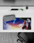 28x12 inches desk mouse pad in peach-violet sunset tones, cozy wistful anime sky with blue comet.