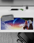 32x12 inches desk mouse pad in peach-violet sunset tones with starry clouds and cozy evening vibe.