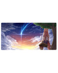 32x16 inches anime girl mouse pad with fox-eared girl on swing under comet and sunset clouds.