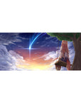 36x16 inches anime girl desk pad with fox-eared girl on swing, sunset sky and comet clouds.