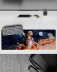 Mouse pad 32x12 inches featuring Kirito and Asuna from Sword Art Online under a night sky with stars and fiery sparks.