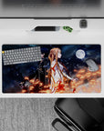 Mouse pad 32x16 inches featuring Kirito and Asuna from Sword Art Online, night sky backdrop with stars and fiery sparks.