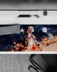 Anime mouse pad 36x16 inches with Kirito and Asuna back to back under a starry sky, navy blues blending with flame-orange.