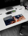 Anime mouse pad 28x12 inches featuring Kirito and Asuna from Sword Art Online with night sky, stars, and fiery sparks.