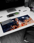 Anime mouse pad featuring Kirito and Asuna from Sword Art Online, 36x16 inches, with night sky and fiery sparks.