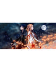 Anime desk pad 36x16 inches featuring Kirito and Asuna from Sword Art Online, surrounded by stars and fiery sparks.