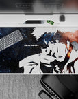 40x20 inches mouse pad showcasing Spike Spiegel’s farewell in a black-and-white silhouette, set against nebula swirls for a breathtaking design.