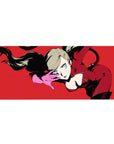 Ann Takamaki from Persona 5 on 36x16 inches mouse pad, striking a pose in her iconic red suit with bold background.