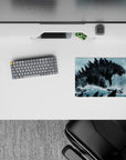 14x10 inches classic anime mouse pad in teal and gray tones, gritty texture, cinematic dread ocean scene.