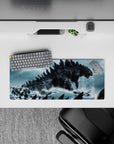 28x12 inches anime mouse pad in stormy teal and cold gray tones, gritty texture and cinematic dread.