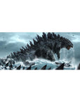 Anime desk pad 36x16 inches with a colossal sea titan rising over warships and jets in stormy waves.