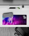 28x12 inches mouse pad with neon hologram design, blending glowing purples and blues with a holographic woman for a sci-fi, urban workspace vibe.