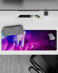 32x12 inches mouse pad with neon hologram design, blending glowing purples, blues, and a holographic woman for a vibrant, futuristic city vibe.