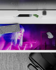 36x16 inches mouse pad with neon hologram design, blending glowing holographic woman and purples and blues for a striking, futuristic city vibe.