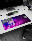 Modern 32x16 inches mouse pad featuring neon hologram design, with purples, blues, and a glowing holographic woman for a dynamic, futuristic feel.