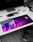 Artistic 36x16 inches mouse pad featuring neon hologram design, with glowing purples and blues and a futuristic holographic woman for a sci-fi aesthetic.