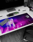 Large 40x20 inches mouse pad featuring neon hologram design, with purples, blues, and a glowing holographic woman for a vibrant, futuristic desk setup.