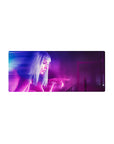 Mouse pad featuring neon hologram design, 28x12 inches, with glowing holographic woman in purples and blues for a futuristic, cityscape effect.