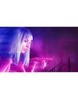 Mouse pad featuring neon hologram design, 40x20 inches, with a glowing holographic woman in purples and blues for a futuristic, cityscape vibe.