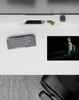 Anime mouse pad 14x10 inches in inky sci-fi tones with green jacket, white top, and calm blue-eyed mood.