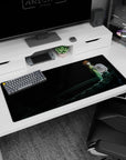 36x16 inches anime desk pad featuring a cool blue-eyed girl perched on sweeping gear spiral in a quiet sci-fi scene.