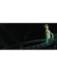 36x16 inches anime desk pad with brown-haired girl on spiral dark metal gears, sci-fi time-machine flow.