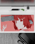 Cozy slice-of-life anime mouse pad 32x16 inches in warm rose tones with big-eyed kawaii vibe.