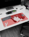 Shy anime girl portrait mouse pad 32x16 inches, big eyes following your cursor on a pink scene.