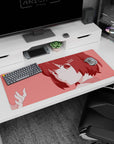 36x16 inches anime girl mouse pad showing a shy glance, big sparkling eyes, and hair clips on pink.