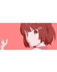 36x16 inches anime girl desk pad with soft pink background, clean line art, and cute hair clips.
