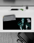 28x12 inches anime mouse pad in dark teal noir tones, cold focused mood with ink-like hair and stark shadows.