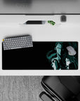 32x12 inches anime mouse pad in dark teal noir tones, smoky shadows, crisp highlights, cold focused mood.