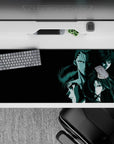 36x16 inches anime mouse pad in dark teal and black, cold noir mood with crisp highlights and stern eyes.